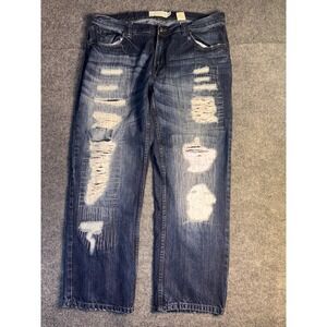 JEANIUS Akademiks Jeans Men 38 Blue Denim Stitch Distressed Stretch Straight Leg